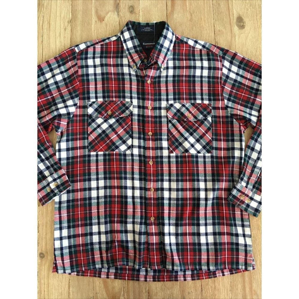 Vtg ARROW Tournament Mens Long Sleeve Shirt Plaid Flannel 100% Acrylic Size L